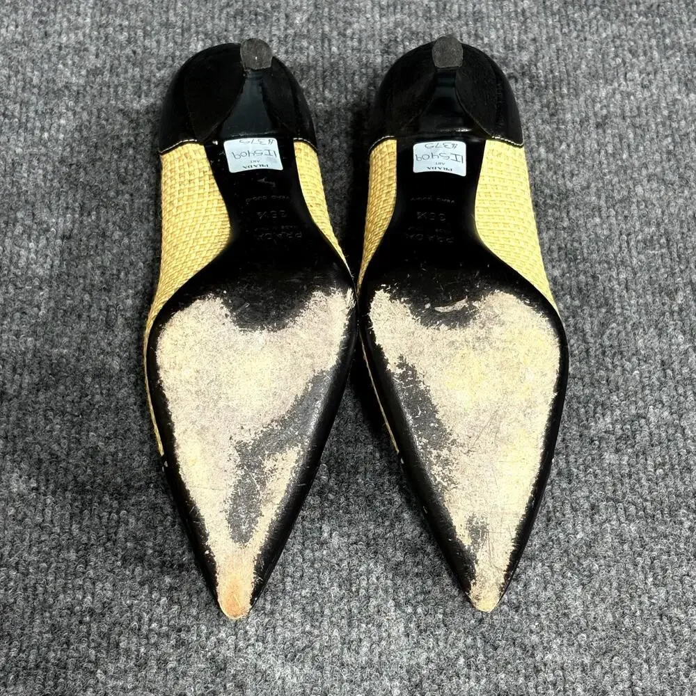 Prada Shoes Womens 5.5 EU 35.5 Beige Black Leather Woven Cap Toe Pumps Heels
